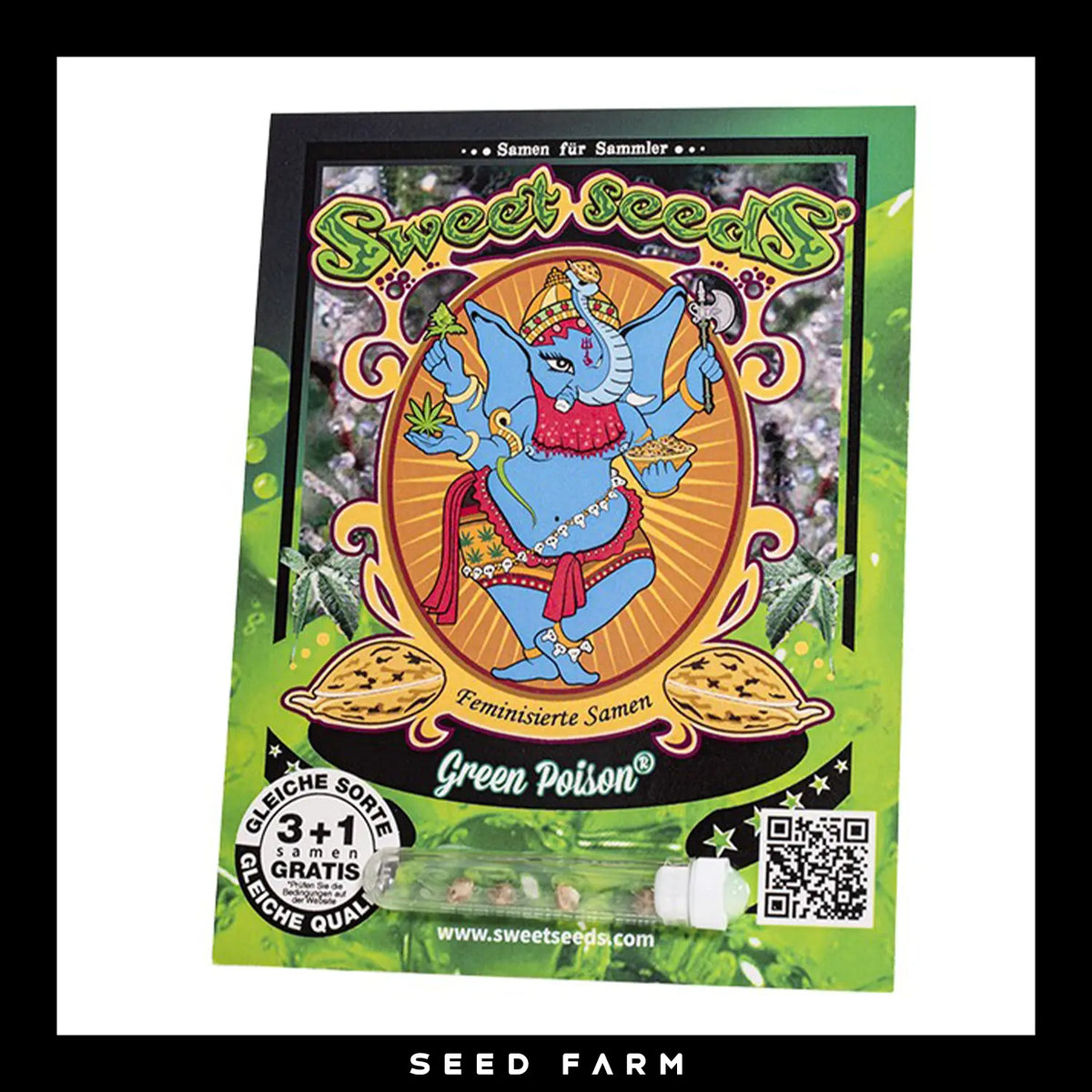 Sweet Seeds, Green Poison, feminisierte Cannabis Samen, 3+1 Seeds, Vorderansicht